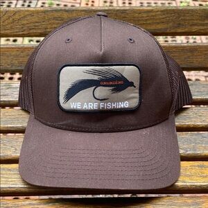 Grundéns SnapBack fishing hat 5 panel brown mesh back We Are Fishing cap